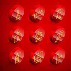 Set line Handle broom, Sponge, Hanger wardrobe, Bar of soap, Vacuum cleaner, Air freshener spray bottle and Home cleaning service icon. Vector