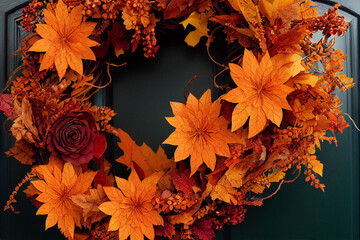 Naklejka na ściany i meble Autumn wreath with orange leaves, digital image