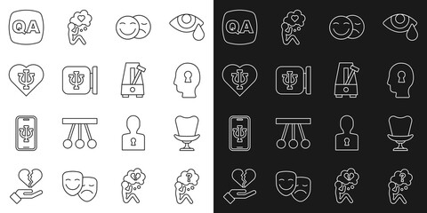 Set line Head with question mark, Armchair, Solution to the problem, Comedy and tragedy masks, Psychology, Psi, Question Answer and Metronome pendulum icon. Vector