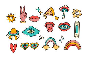 Retro cute cartoon hippy groovy vector sticker set. Hand sign cool cloud eye lips kiss flower collection