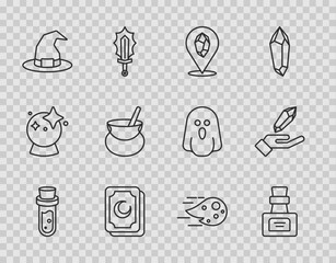 Set line Bottle with potion, Magic stone, Tarot cards, Witch hat, cauldron, Fireball and icon. Vector