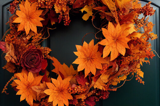 Autumn wreath with orange leaves, digital image