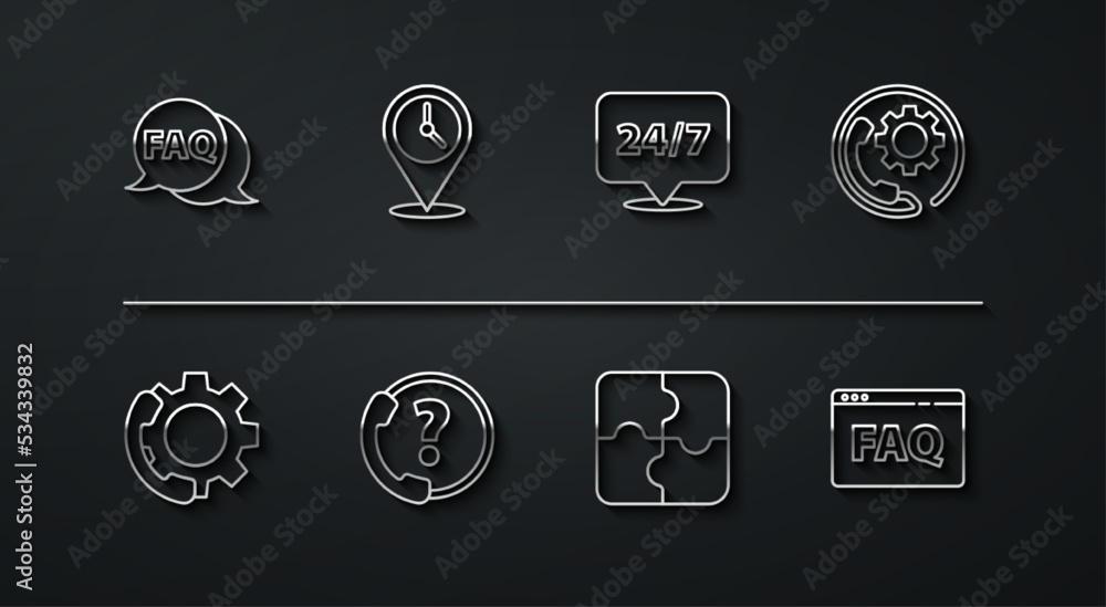 Poster set line speech bubble with faq, telephone 24 hours support, piece of puzzle, location clock, browse