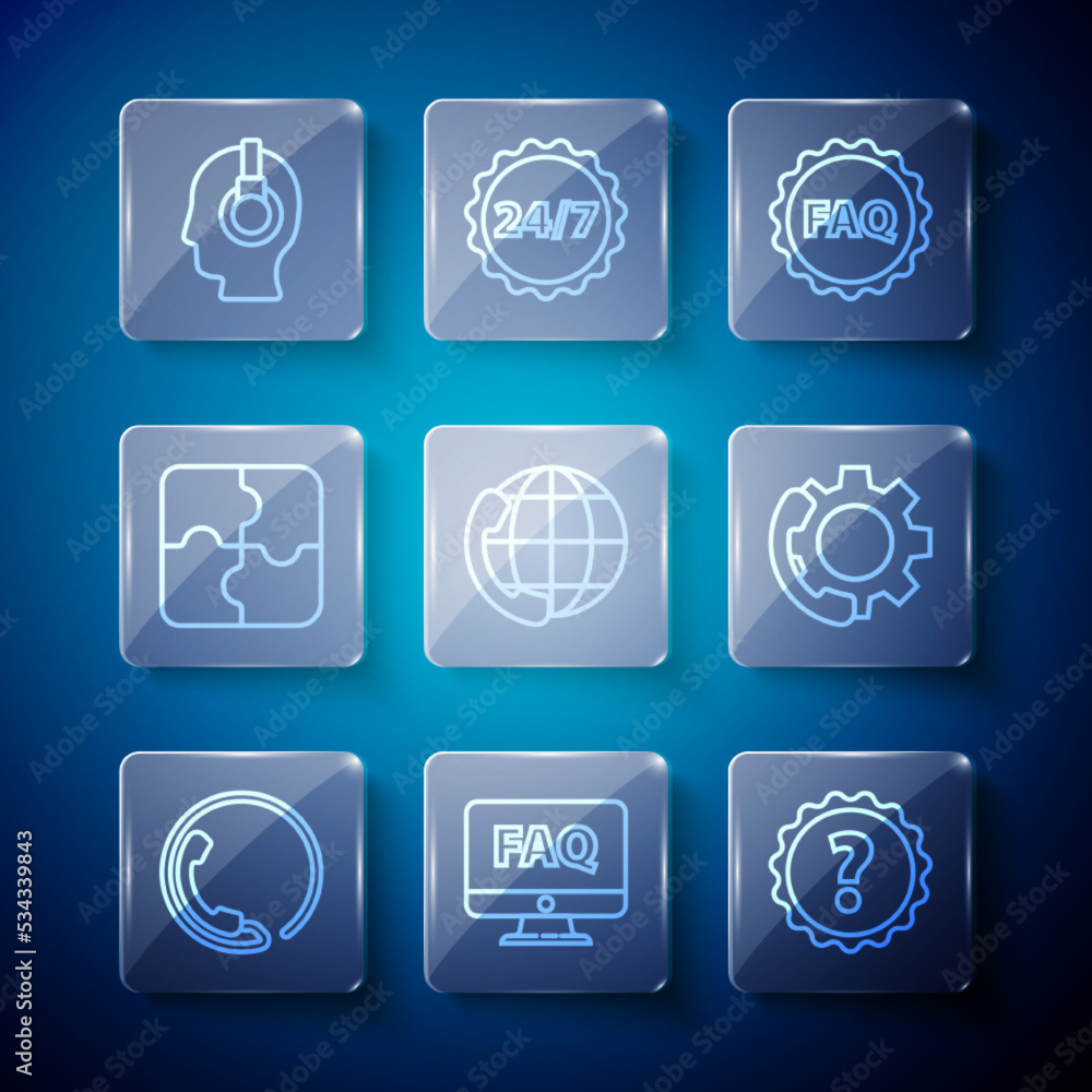 Poster set line telephone 24 hours support, computer monitor and faq, question mark, label with text, piece