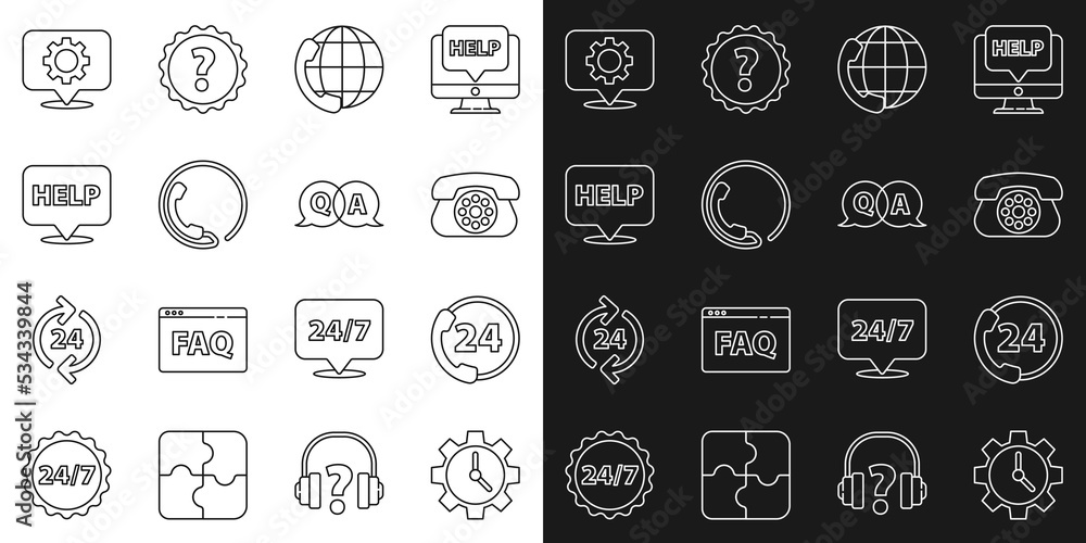 Poster set line time management, telephone 24 hours support, speech bubble with text help, location gear an
