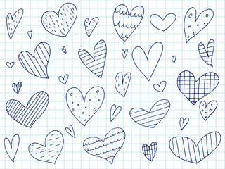 Big set of cute hand-drawn doodle elements about love. Message stickers for apps. Icons for Valentines Day, romantic events and wedding. A checkered notebook. Hearts with stripes and texture.
