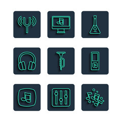 Set line Music note, tone, Sound mixer controller, Balalaika, Trumpet, Headphones, Musical tuning fork and player icon. Vector