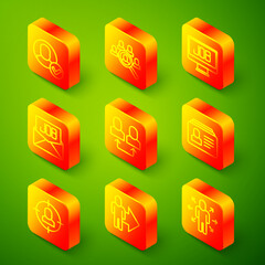 Set line Worker, Magnifying glass for search job, Search, Exchange work, Resume, Head hunting and Leader of team of executives icon. Vector