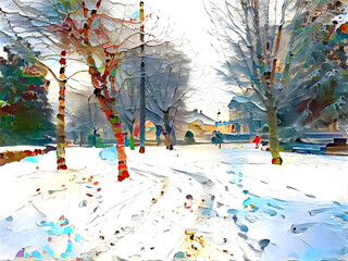 Winter snow, in Lister Park, with old trees, and houses in, Bradford, Yorkshire, UK      digital art
