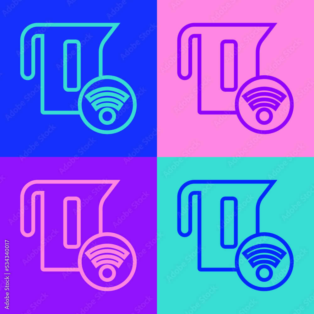 Poster pop art line smart electric kettle system icon isolated on color background. teapot icon. internet o