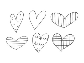 Big set of cute hand-drawn doodle elements about love. Message stickers for apps. Icons for Valentines Day, romantic events and wedding. Hearts with stripes and texture.