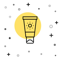 Black line Sunscreen cream in tube icon isolated on white background. Protection for the skin from solar ultraviolet light. Random dynamic shapes. Vector