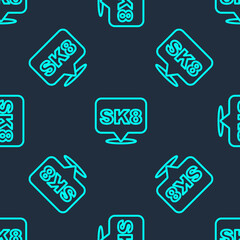 Green line Skateboard icon isolated seamless pattern on blue background. Extreme sport. Sport equipment. Vector