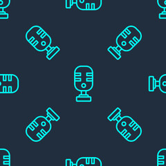 Green line Microphone icon isolated seamless pattern on blue background. On air radio mic microphone. Speaker sign. Vector