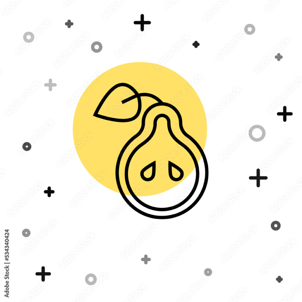Poster black line pear icon isolated on white background. fruit with leaf symbol. random dynamic shapes. ve