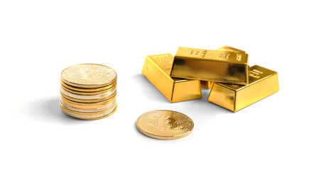 Bitcoins and gold bars isolated