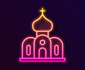 Obraz premium Glowing neon line Church building icon isolated on black background. Christian Church. Religion of church. Vector