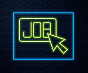 Glowing neon line Search job icon isolated on brick wall background. Recruitment or selection concept. Human resource and recruitment for business. Vector