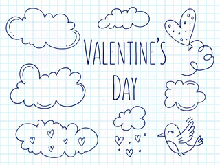 Set of cute hand-drawn doodle elements about love. Message stickers for apps. Icons for Valentines Day, romantic events and wedding. A checkered notebook. A bird with balloon in the sky with clouds.
