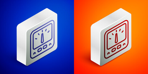 Isometric line Ampere meter, multimeter, voltmeter icon isolated on blue and orange background. Instruments for measurement of electric current. Silver square button. Vector