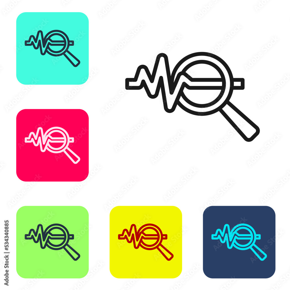 Aufkleber black line magnifying glass and data analysis icon isolated on white background. search sign. set ic