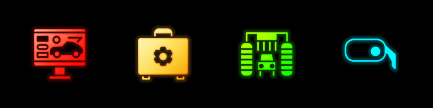 Set Diagnostics Condition Of Car, Toolbox, Car Wash And Rearview Mirror Icon. Vector