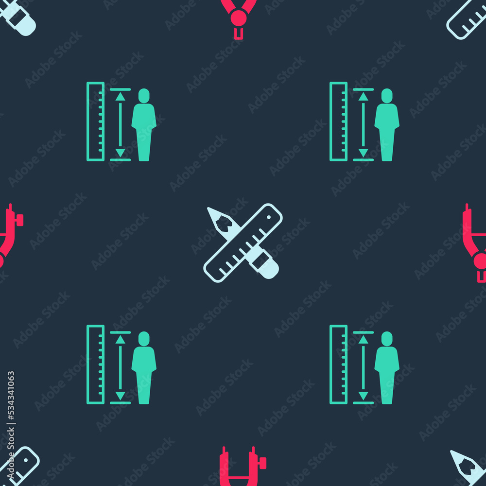 Poster set drawing compass, crossed ruler and pencil and measuring height body on seamless pattern. vector