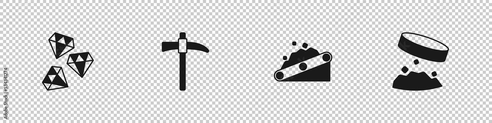 Sticker Set Gem stone, Pickaxe, Conveyor belt carrying coal and Giant magnet holding iron dust icon. Vector