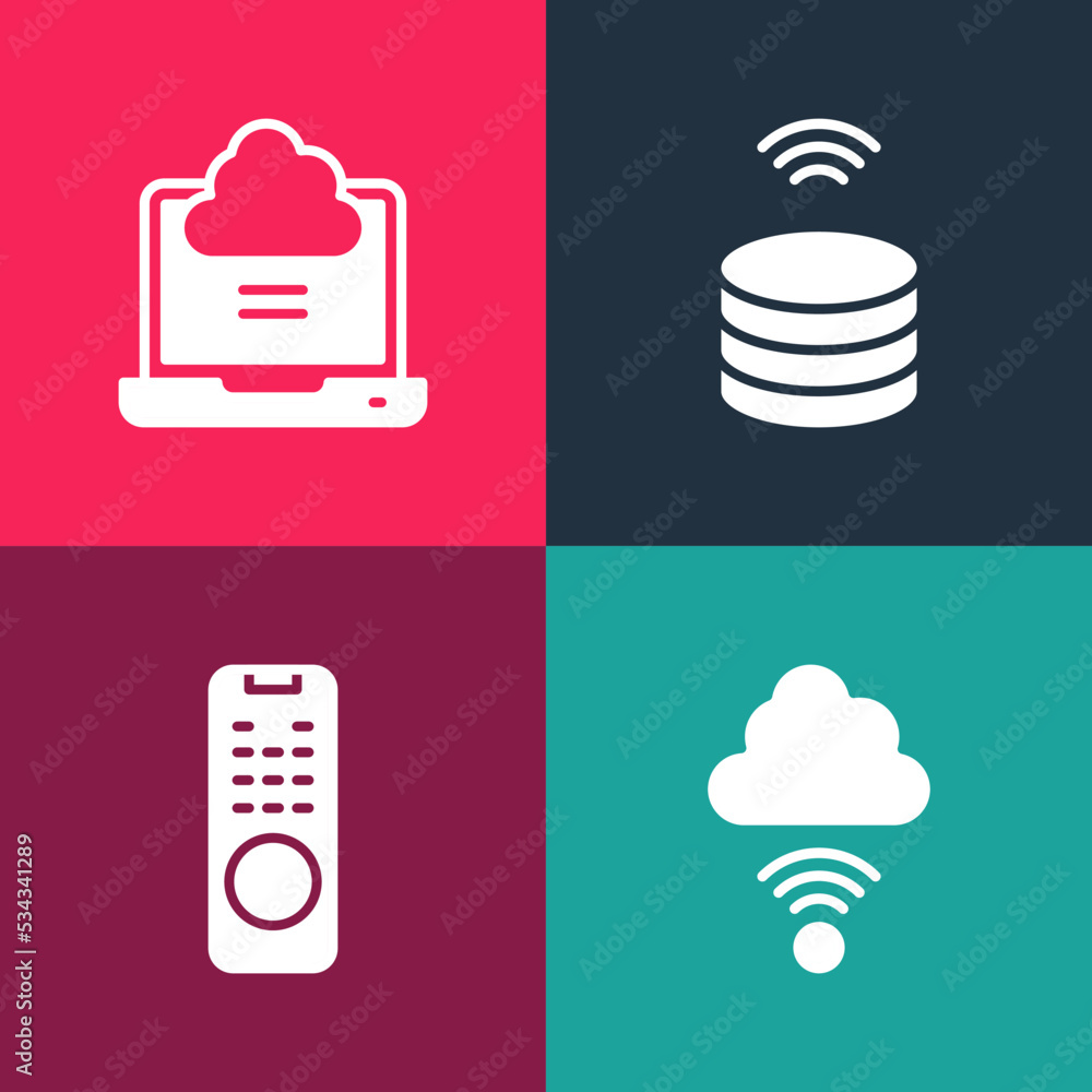Poster set pop art network cloud connection, remote control, smart data server and icon. vector