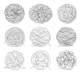 Confused messed up thoughtsicon set. Depressed mental state before therapy, brain overthinking everything. Vector illustration for therapist practice, healing, mental treatment