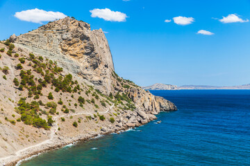 Summer Crimean landscape. Golitsyn trail at rocky Black Sea coast - obrazy, fototapety, plakaty