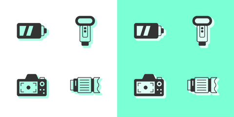 Set Camera photo lens, Battery for camera, Photo and flash icon. Vector