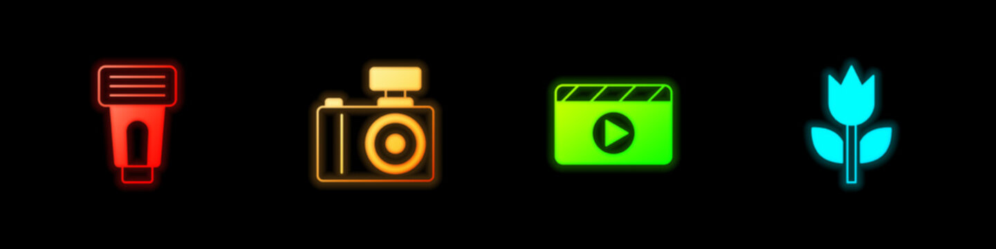 Set Photo camera flash, Movie clapper and mode macro icon. Vector