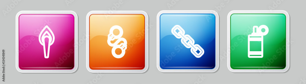 Poster set line torch flame, handcuffs, chain link and grenade. colorful square button. vector