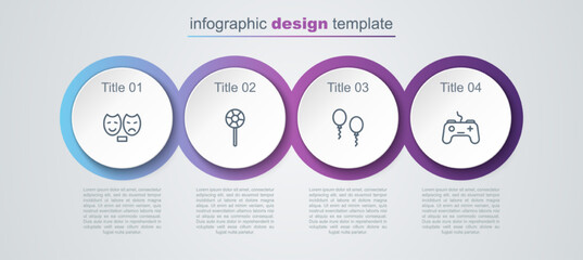 Set line Comedy and tragedy masks, Lollipop, Balloons and Gamepad. Business infographic template. Vector