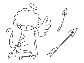 Set of cute hand-drawn doodle elements about love. Message stickers for apps. Icons for Valentines Day, romantic events and wedding. Cupid with a halo and wings, arrows and a bow.