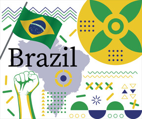Brazil flag and map caricature. National day or Brazil independence day design. Brazilian celebration. Modern retro design with abstract icons - Independence from Brazil
