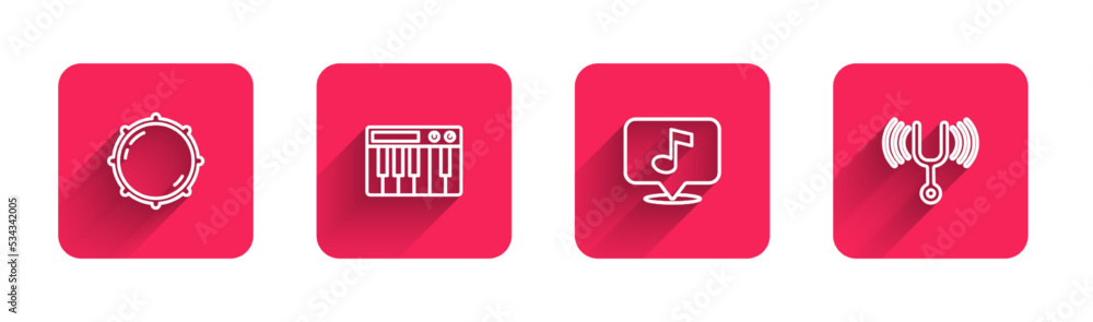 Poster set line dial knob level, music synthesizer, musical note and tuning fork with long shadow. red squa