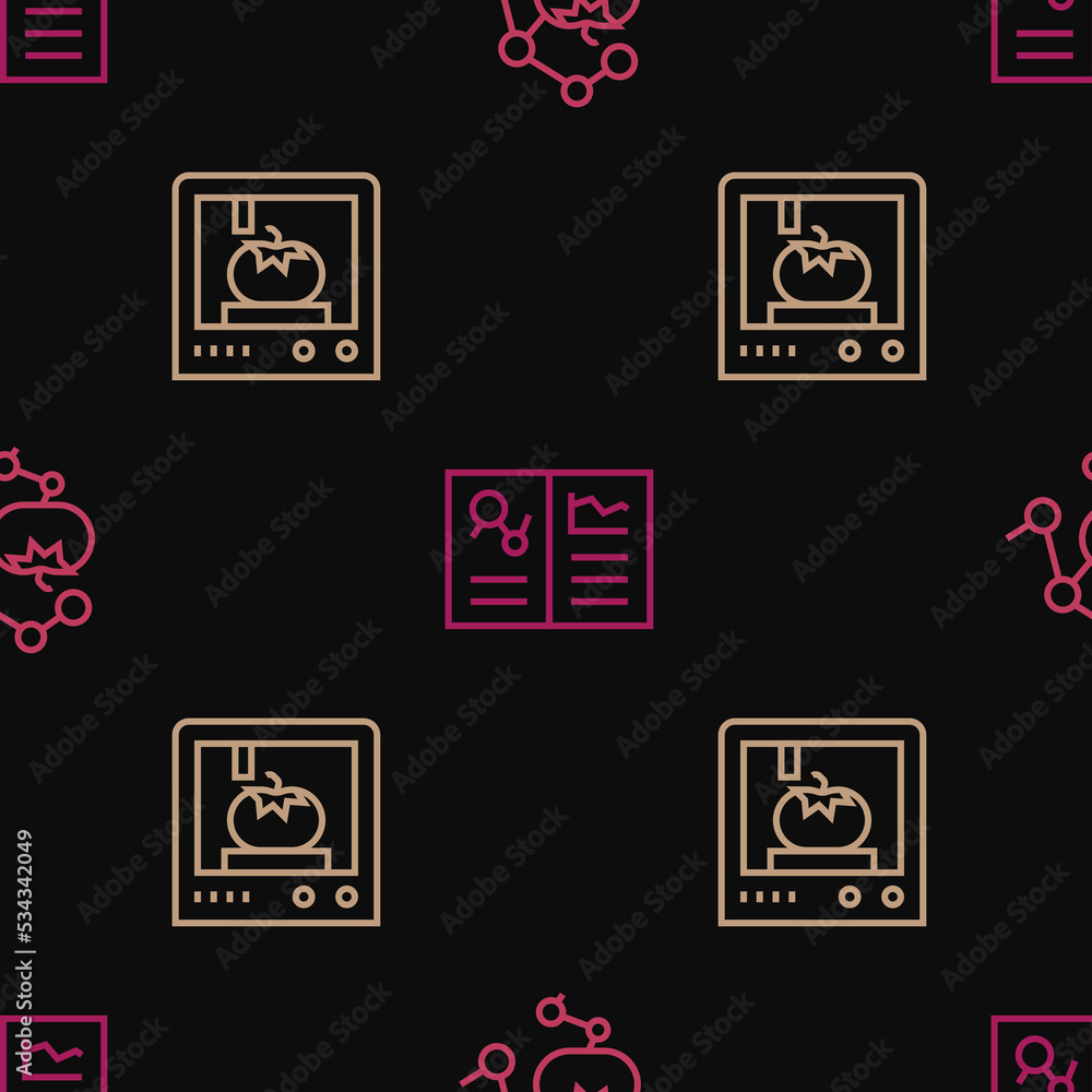 Poster set line genetically modified food, 3d printing technology and clinical record on seamless pattern. 