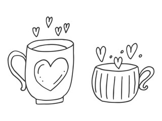 Set of cute hand-drawn doodle elements about love. Message stickers for apps. Icons for Valentines Day, romantic events and wedding. Cups with a love drink and hearts.