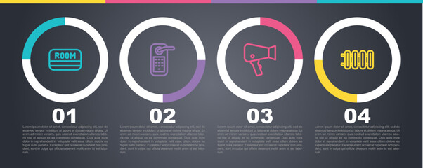 Set line Hotel key card, Digital door lock, Hair dryer and Heating radiator. Business infographic template. Vector