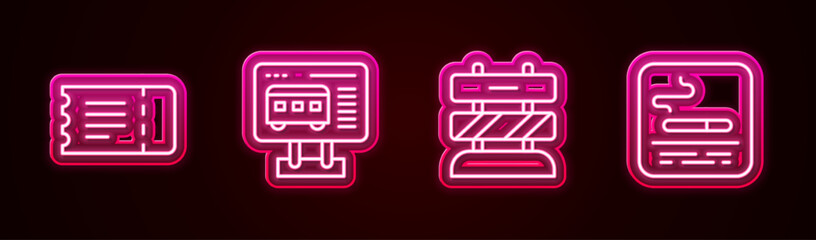 Set line Train ticket, Ticket office to buy tickets, End railway tracks and Smoking area. Glowing neon icon. Vector