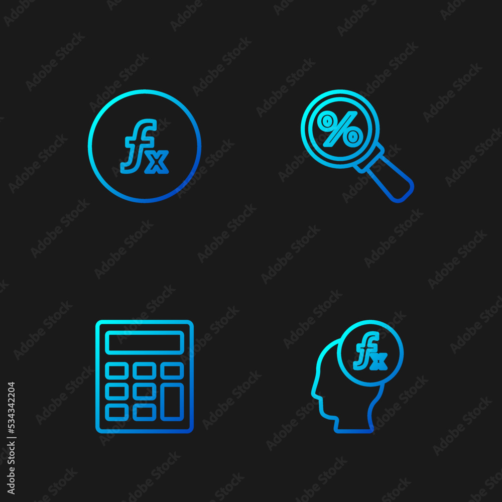 Poster set line function mathematical symbol, calculator, and magnifying glass with percent. gradient color