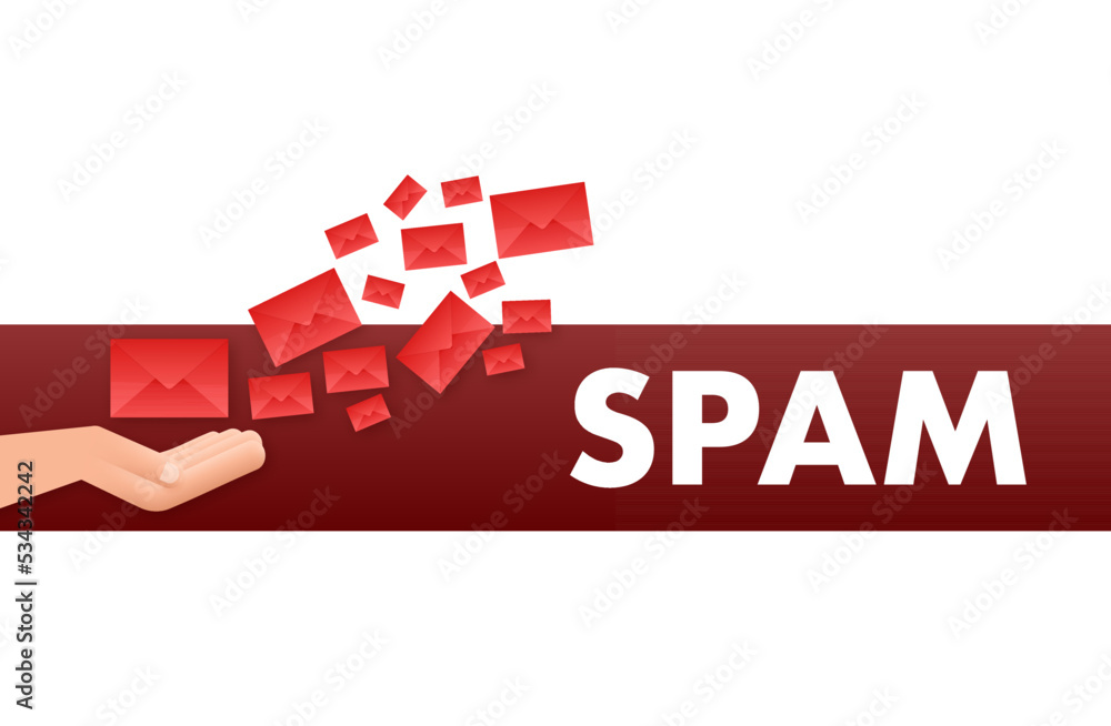 Aufkleber no spam. spam email warning. concept of virus, piracy, hacking and security. envelope with spam. vec