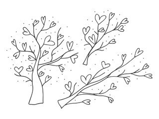 Set of cute hand-drawn doodle elements about love. Message stickers for apps. Icons for Valentines Day, romantic events and wedding. Love trees and branches with hearts.