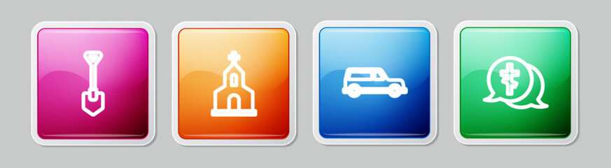 Set line Shovel, Church building, Hearse car and Grave with cross. Colorful square button. Vector