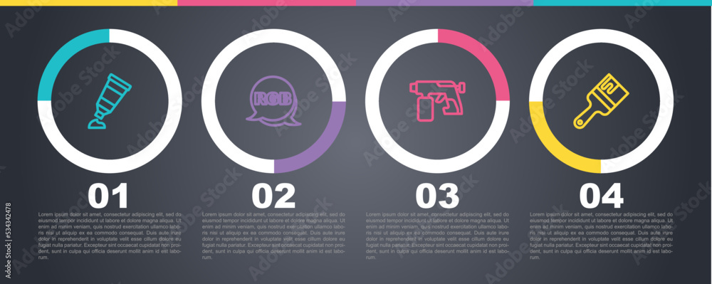 Wall mural Set line Tube with paint palette, RGB, Paint spray gun and brush. Business infographic template. Vector