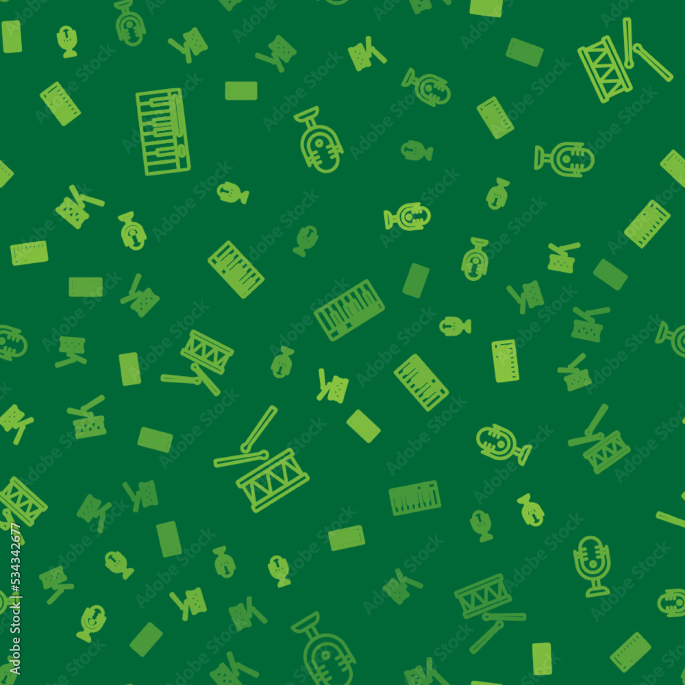 Poster set line music synthesizer, drum with drum sticks and microphone on seamless pattern. vector