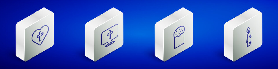 Set Isometric line Christian cross in heart, Location church building, Easter cake and Burning candle icon. Vector