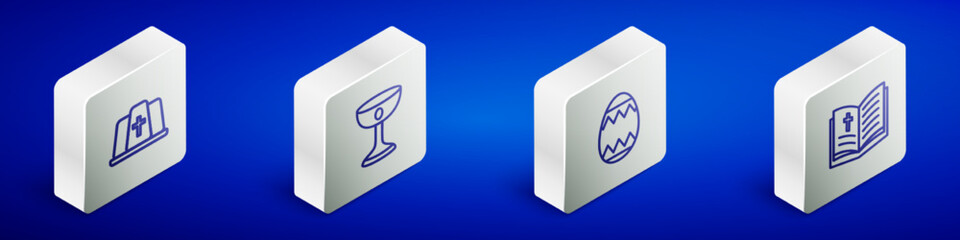 Set Isometric line Pope hat, Christian chalice, Easter egg and Holy bible book icon. Vector
